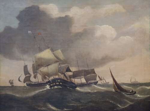 An early Victorian oil painting on canvas depicting sailing ships navigating rough ocean seas, housed in a wide carved gilt frame. View II