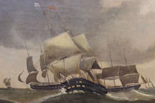 An early Victorian oil painting on canvas depicting sailing ships navigating rough ocean seas, housed in a wide carved gilt frame. View III