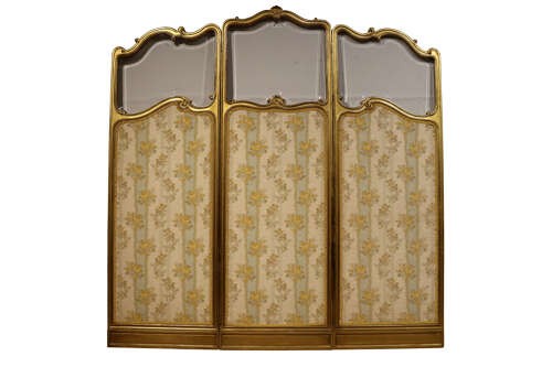 A three-panel French giltwood folding screen featuring shaped bevelled glass top sections and floral-patterned beige silk lower panels. View III