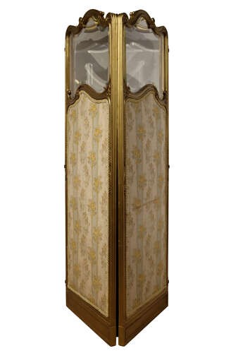 A three-panel French giltwood folding screen featuring shaped bevelled glass top sections and floral-patterned beige silk lower panels. View IV
