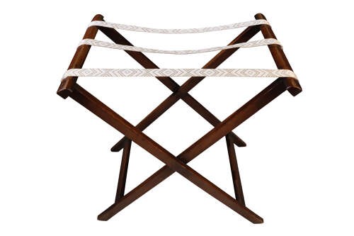 A William IV mahogany butlers tray with carved cutout handles situated on an X-frame folding wooden stand. View VII