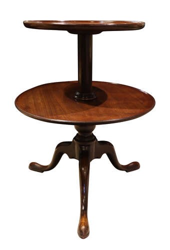 A Georgian mahogany two-tier dumbwaiter featuring circular dished trays resting on a turned central column with three curved tripod legs. View III
