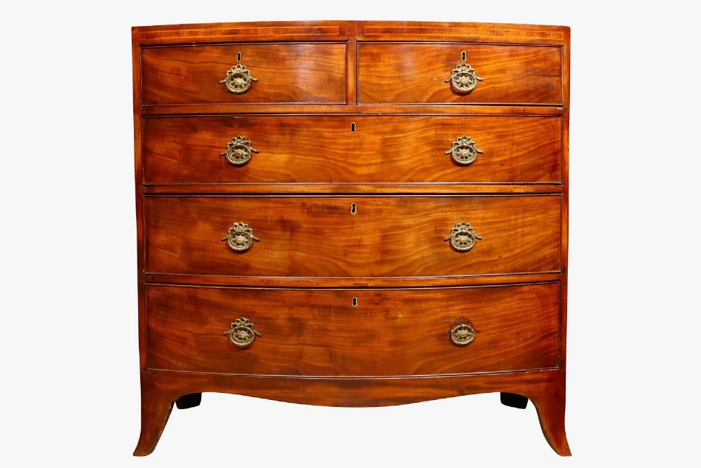 George IV Flame Mahogany Bow Front Chest of Drawers, Circa 1825