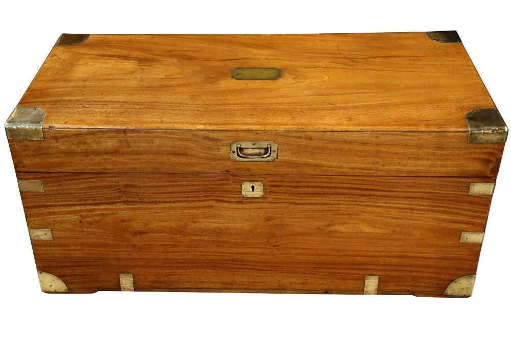 A nineteenth-century camphor wood campaign trunk featuring polished warm timber grain and protective brass corner plates and drop handles. View IV