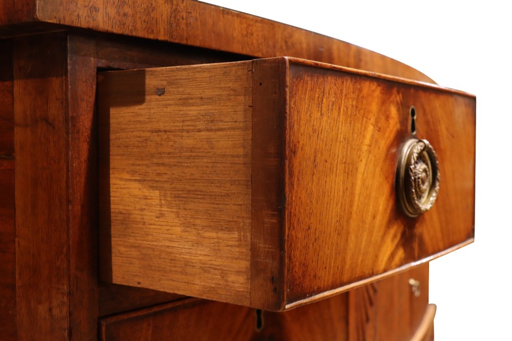 A Regency mahogany bow-fronted sideboard featuring a central drawer with tambour cupboard below, flanked by drawers and supported on six turned, fluted legs. View VI