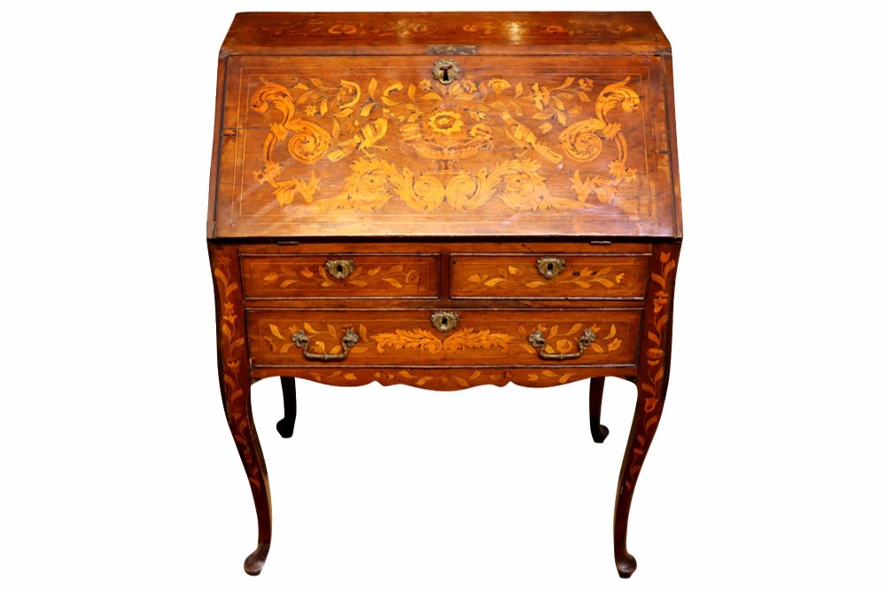 An 18th-century Dutch bureau featuring intricate floral wood marquetry, a sloped fall front, drawers with brass handles, and cabriole legs. View III