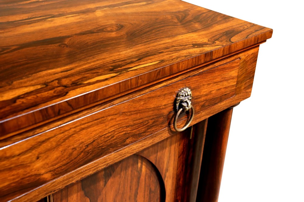 A Regency period rosewood chiffonier featuring two Gothic arched panel doors flanked by turned columns and topped with a single drawer with twin brass lion-head ring handles. View VI