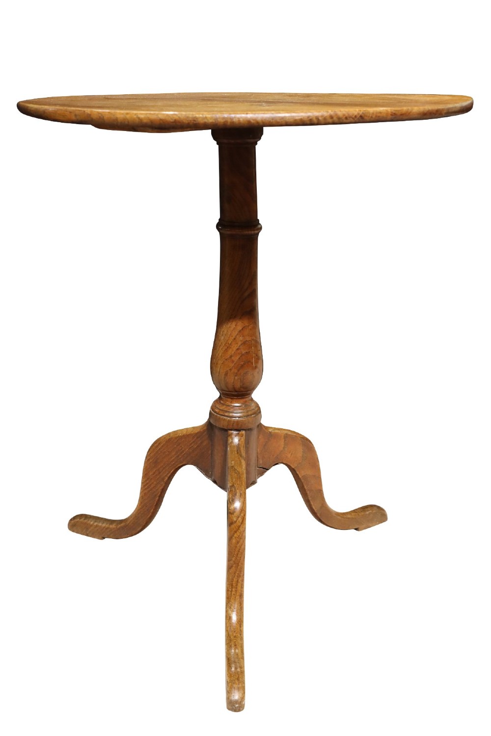 An 18th-century Early Georgian circular occasional table made of warm brown elm wood with a turned central column and three cabriole legs. View III