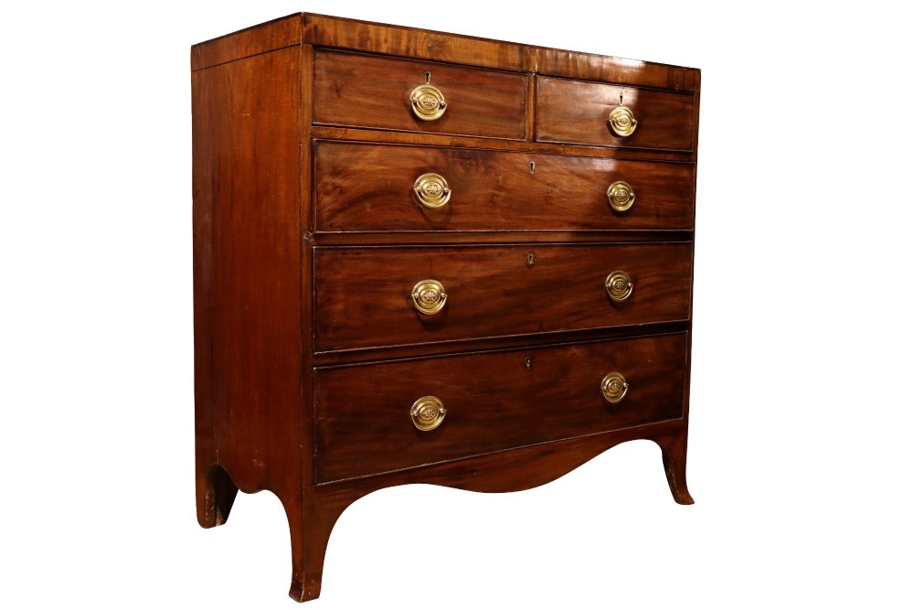 A Regency mahogany chest of drawers featuring two short over three long drawers with oval brass handles and splayed feet. View II
