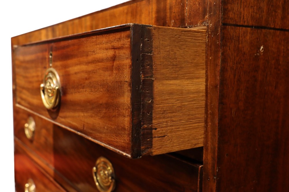 A Regency mahogany chest of drawers featuring two short over three long drawers with oval brass handles and splayed feet. View V