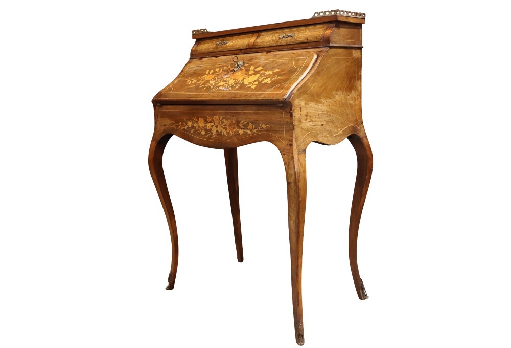 A 19th-century French Louis XV style bonheur-du-jour writing desk featuring floral marquetry inlay, slender cabriole legs, a slant-front writing slope, and brass mounts. View IV