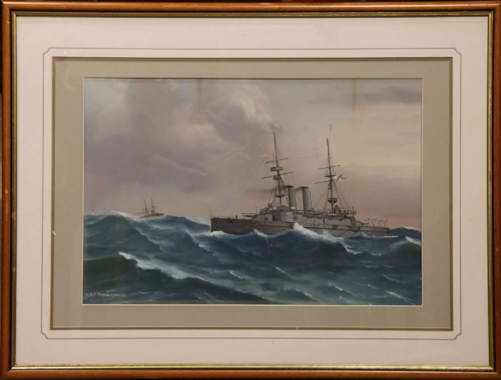 An original framed gouache painting depicting the naval warship HMS Prince of Wales sailing through choppy sea waves under an overcast sky.