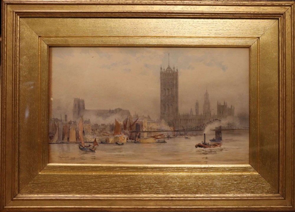 An 1895 watercolour painting depicting the Houses of Parliament from the River Thames with shipping vessels, housed in a deep gold frame.