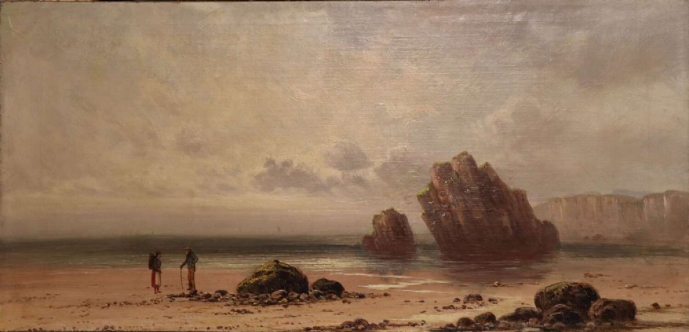 A 19th-century horizontal oil painting depicting two figures standing on a sandy shoreline beside large sea stacks under an overcast sky.