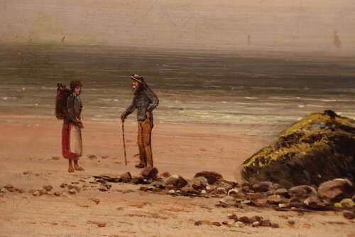 A 19th-century horizontal oil painting depicting two figures standing on a sandy shoreline beside large sea stacks under an overcast sky. View II