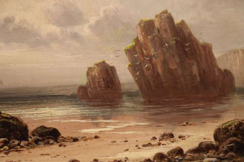 A 19th-century horizontal oil painting depicting two figures standing on a sandy shoreline beside large sea stacks under an overcast sky. View III