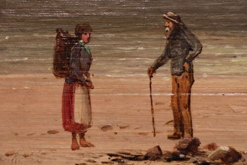 A 19th-century horizontal oil painting depicting two figures standing on a sandy shoreline beside large sea stacks under an overcast sky. View V