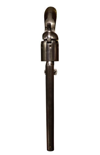 An antique Colt Model 1851 Navy percussion revolver featuring a grey steel frame, an octagonal barrel, a six-shot cylinder, and a dark walnut grip. View V
