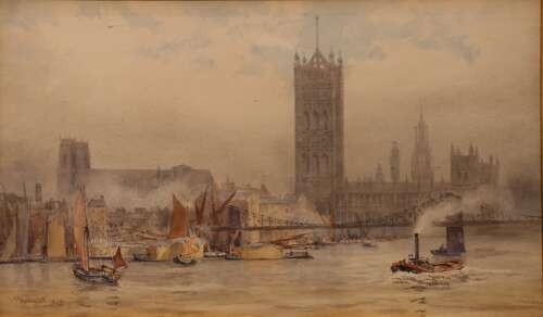 An 1895 watercolour painting depicting the Houses of Parliament from the River Thames with shipping vessels, housed in a deep gold frame. View II