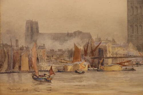 An 1895 watercolour painting depicting the Houses of Parliament from the River Thames with shipping vessels, housed in a deep gold frame. View III