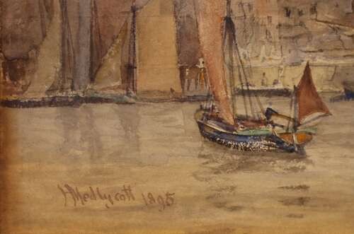 An 1895 watercolour painting depicting the Houses of Parliament from the River Thames with shipping vessels, housed in a deep gold frame. View IV
