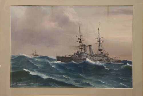 An original framed gouache painting depicting the naval warship HMS Prince of Wales sailing through choppy sea waves under an overcast sky. View III