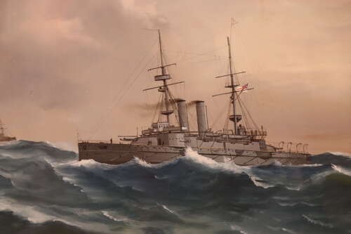 An original framed gouache painting depicting the naval warship HMS Prince of Wales sailing through choppy sea waves under an overcast sky. View IV