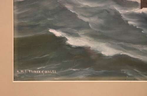 An original framed gouache painting depicting the naval warship HMS Prince of Wales sailing through choppy sea waves under an overcast sky. View V