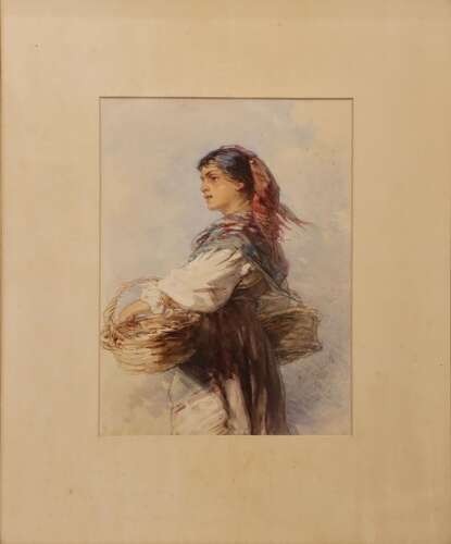 A framed 19th-century watercolour painting depicting an Italian peasant woman wearing traditional attire and carrying woven baskets. View III