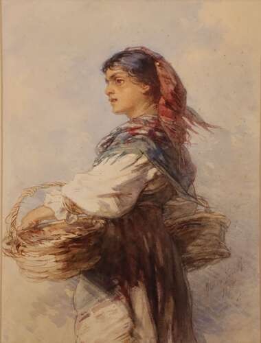 A framed 19th-century watercolour painting depicting an Italian peasant woman wearing traditional attire and carrying woven baskets. View IV