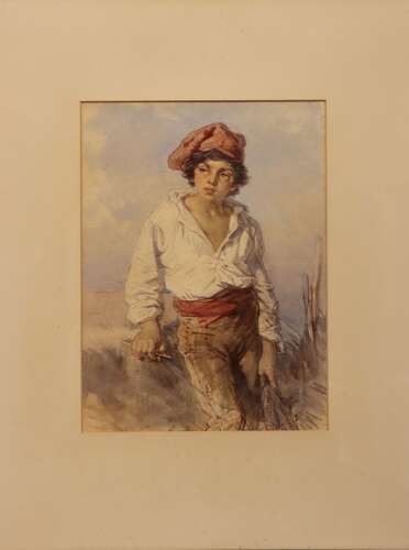 A framed 19th-century watercolour painting depicting an Italian peasant woman wearing traditional attire and carrying woven baskets. View VI