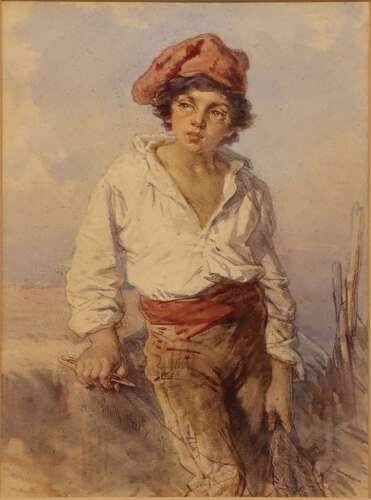 A framed 19th-century watercolour painting depicting an Italian peasant woman wearing traditional attire and carrying woven baskets. View VII