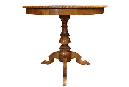 A circular walnut occasional table featuring intricate geometric parquetry and marquetry inlay on a turned central pedestal with three splayed legs. View II