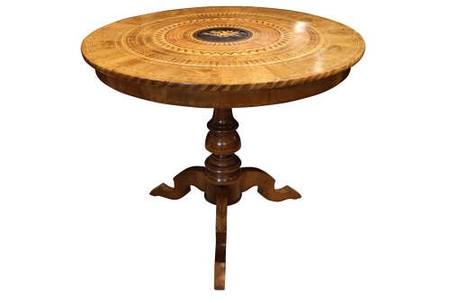 A circular walnut occasional table featuring intricate geometric parquetry and marquetry inlay on a turned central pedestal with three splayed legs. View IV