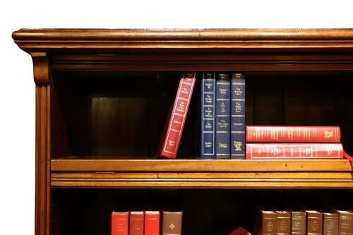 A wide Edwardian mahogany double-width open bookcase featuring adjustable shelves, a moulded cornice, and a sturdy plinth base. View V