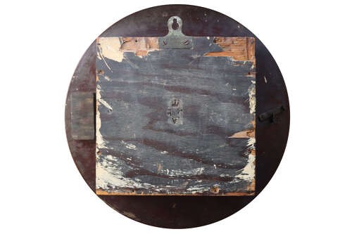 A circular early twentieth-century Bakelite wall clock with a cream dial, black Roman numerals, and black spatulate hands. View III
