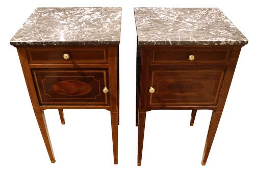 Pair of tall, slender mahogany bedside cupboards with satinwood oval inlay, dark marble tops, single drawers, and square tapered legs. View III