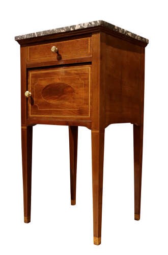 Pair of tall, slender mahogany bedside cupboards with satinwood oval inlay, dark marble tops, single drawers, and square tapered legs. View V