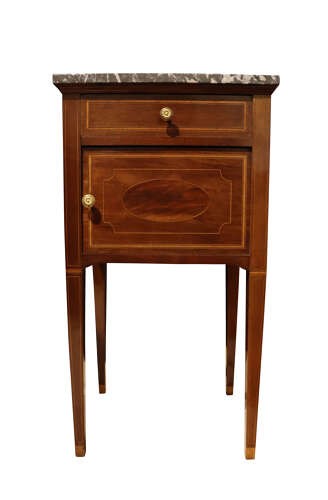 Pair of tall, slender mahogany bedside cupboards with satinwood oval inlay, dark marble tops, single drawers, and square tapered legs. View VI