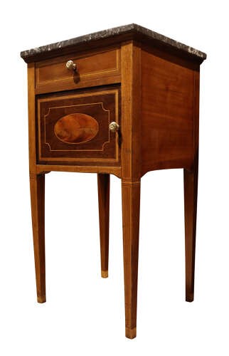 Pair of tall, slender mahogany bedside cupboards with satinwood oval inlay, dark marble tops, single drawers, and square tapered legs. View VII