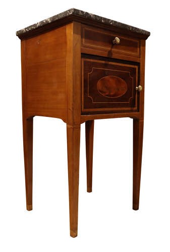 Pair of tall, slender mahogany bedside cupboards with satinwood oval inlay, dark marble tops, single drawers, and square tapered legs. View VIII