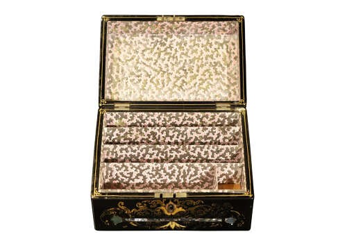 A black lacquered Victorian sloped stationery box adorned with gold leaf scrollwork and mother-of-pearl inlay. View II