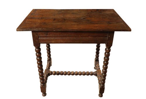 An early 18th-century dark oak side table featuring four bobbin-turned legs connected by matching lower stretchers and a rectangular wooden top. View II