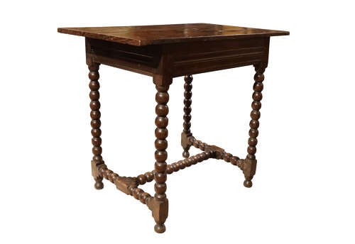 An early 18th-century dark oak side table featuring four bobbin-turned legs connected by matching lower stretchers and a rectangular wooden top. View III