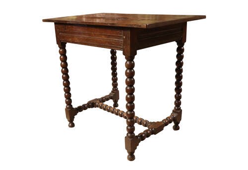 An early 18th-century dark oak side table featuring four bobbin-turned legs connected by matching lower stretchers and a rectangular wooden top. View IV