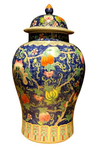 A baluster-shaped Chinese porcelain ginger jar with a fitted domed lid featuring hand-painted gourd vines and butterflies over a cobalt blue ground. View II