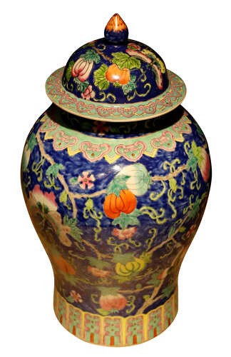A baluster-shaped Chinese porcelain ginger jar with a fitted domed lid featuring hand-painted gourd vines and butterflies over a cobalt blue ground. View III