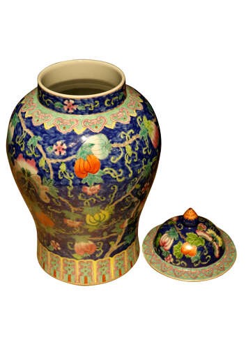 A baluster-shaped Chinese porcelain ginger jar with a fitted domed lid featuring hand-painted gourd vines and butterflies over a cobalt blue ground. View IV
