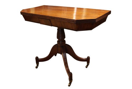 Regency Mahogany Fold-Over Tea Table on Elegant Swept Sabre Supports View IV