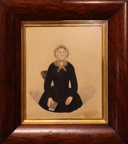 A set of five framed Regency period watercolour portraits depicting seated men and women in dark attire, mounted within wide rosewood frames with gilt inner slips. View II